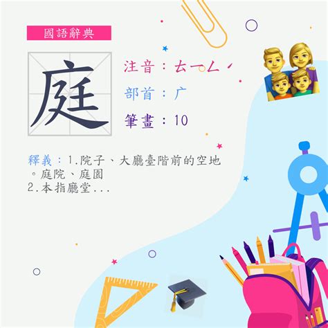 庭含義|字:庭 (注音:ㄊㄧㄥˊ,部首:广) 